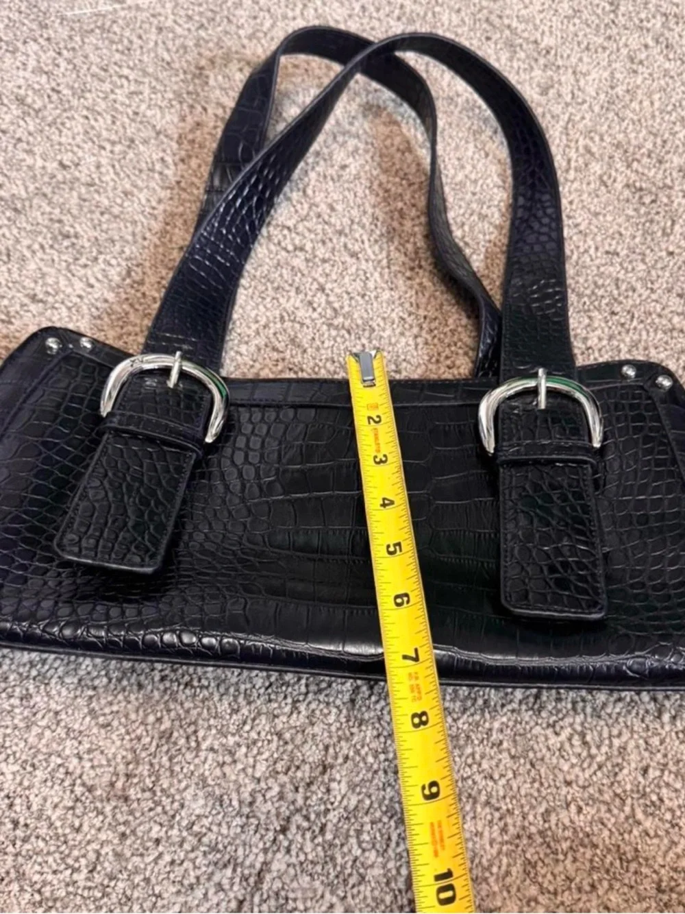 Y2K Black Croc Faux-Leather Shoulder Bag Purse - Picture 5 of 6